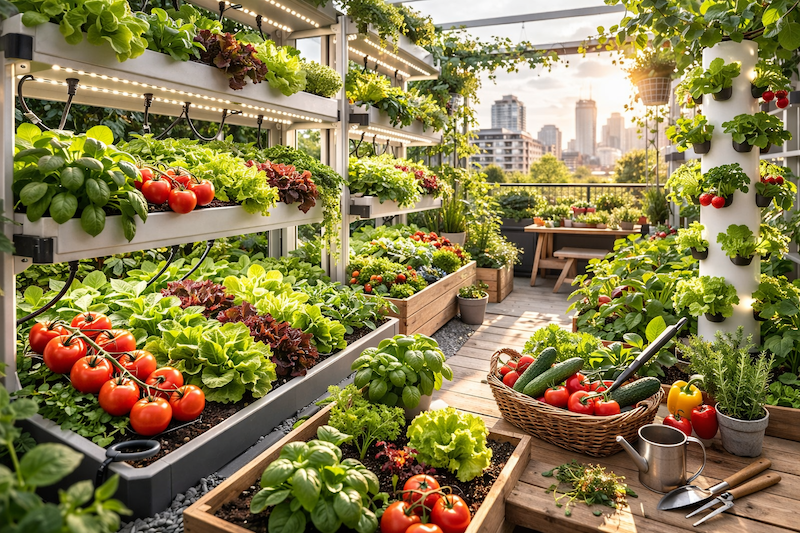 Modern vertikal stadsodling på takterrass med grönsaker i flera nivåer, odlingsmoduler och frodig grönska med stadssilhuett i bakgrunden.